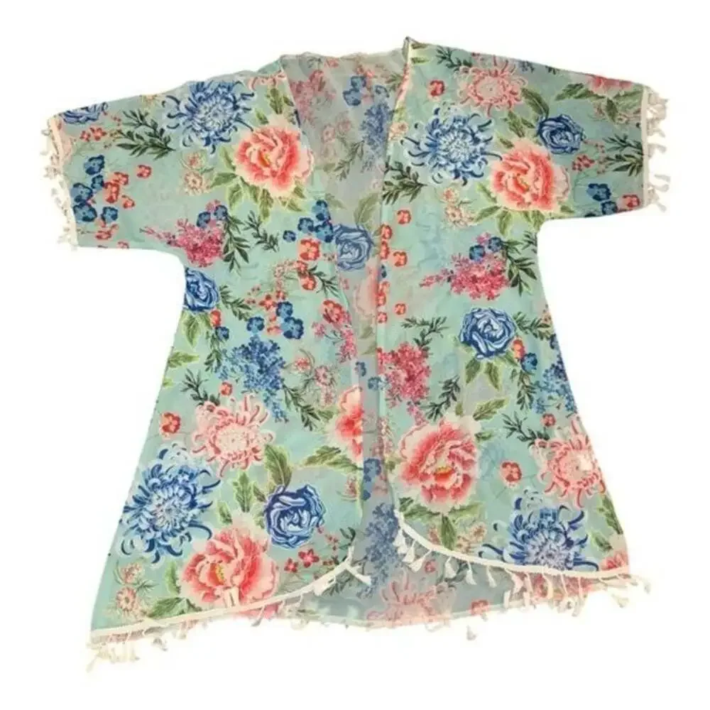 SHEIN Green and Pink Swim Coverup with Tropical Flair